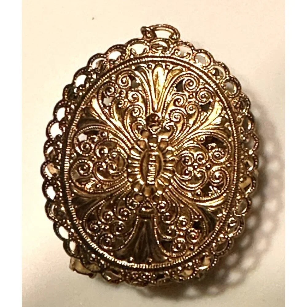 WEST GERMANY BLACK HEMATITE PEARL GOLD FILIGREE PENDANT & CLIP ON EARRINGS SET - Picture 4 of 12